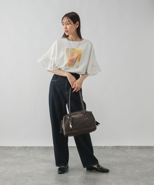 GLOBAL WORK（グローバルワーク）の「リメイク風フリルプリント7分袖/589278（Tシャツ/カットソー・レディース・スミクロ/アイボリー/オフホワイト/杢グレー・MEDIUM/LARGE）」の13枚目の写真