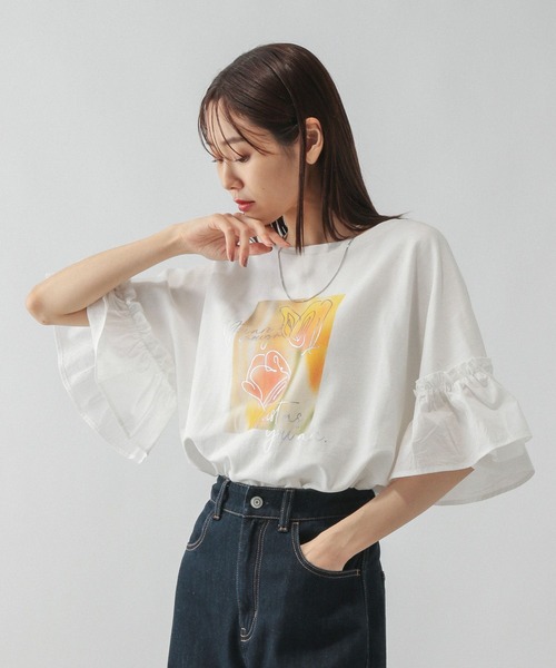 GLOBAL WORK（グローバルワーク）の「リメイク風フリルプリント7分袖/589278（Tシャツ/カットソー・レディース・スミクロ/アイボリー/オフホワイト/杢グレー・MEDIUM/LARGE）」の15枚目の写真