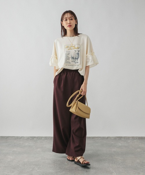 GLOBAL WORK（グローバルワーク）の「リメイク風フリルプリント7分袖/589278（Tシャツ/カットソー・レディース・スミクロ/アイボリー/オフホワイト/杢グレー・MEDIUM/LARGE）」の16枚目の写真