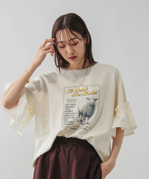 リメイク風フリルプリント7分袖/589278（Tシャツ/カットソー