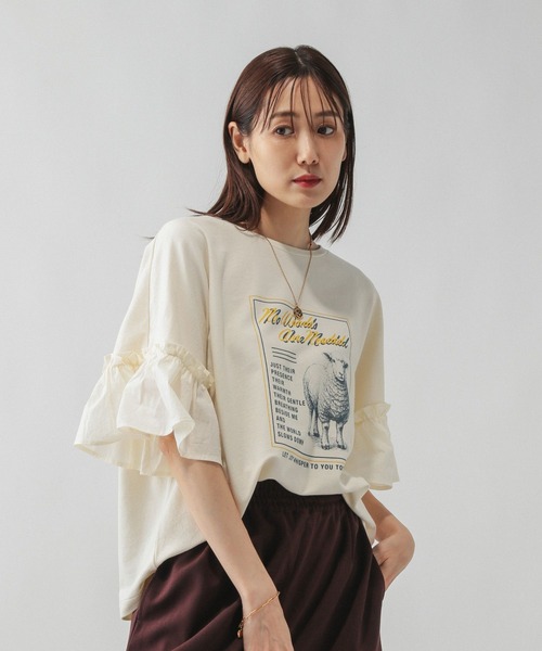 GLOBAL WORK（グローバルワーク）の「リメイク風フリルプリント7分袖/589278（Tシャツ/カットソー・レディース・スミクロ/アイボリー/オフホワイト/杢グレー・MEDIUM/LARGE）」の19枚目の写真