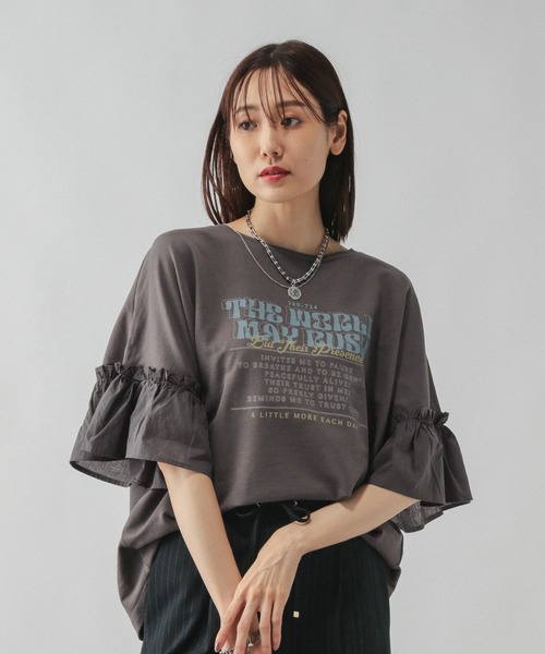 GLOBAL WORK（グローバルワーク）の「リメイク風フリルプリント7分袖/589278（Tシャツ/カットソー・レディース・スミクロ/アイボリー/オフホワイト/杢グレー・MEDIUM/LARGE）」の22枚目の写真