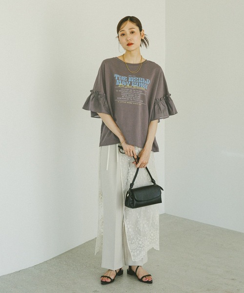 GLOBAL WORK（グローバルワーク）の「リメイク風フリルプリント7分袖/589278（Tシャツ/カットソー・レディース・スミクロ/アイボリー/オフホワイト/杢グレー・MEDIUM/LARGE）」の7枚目の写真