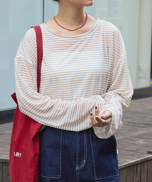 MONO-MART（モノマート）の「オーバーサイズ ボーダー シアープルオーバーロンT（Tシャツ/カットソー・レディース・ホワイト/ワイン/ブラック/ベージュ/ブルー/グレー/ブラウン/グリーン・FREE）」の5枚目の写真