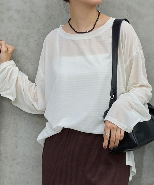 MONO-MART（モノマート）の「オーバーサイズ ボーダー シアープルオーバーロンT（Tシャツ/カットソー・レディース・ホワイト/ワイン/ブラック/ベージュ/ブルー/グレー/ブラウン/グリーン・FREE）」の2枚目の写真