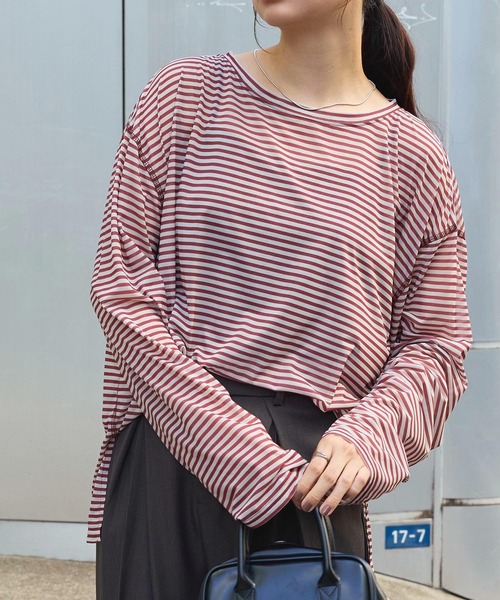 MONO-MART（モノマート）の「オーバーサイズ ボーダー シアープルオーバーロンT（Tシャツ/カットソー・レディース・ホワイト/ワイン/ブラック/ベージュ/ブルー/グレー/ブラウン/グリーン・FREE）」の8枚目の写真