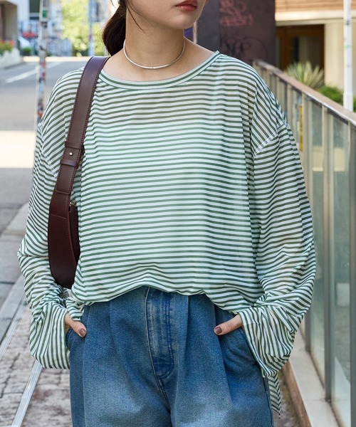 MONO-MART（モノマート）の「オーバーサイズ ボーダー シアープルオーバーロンT（Tシャツ/カットソー・レディース・ホワイト/ワイン/ブラック/ベージュ/ブルー/グレー/ブラウン/グリーン・FREE）」の6枚目の写真