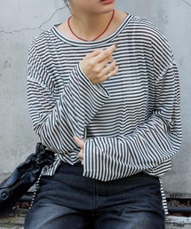 MONO-MART（モノマート）の「シアーボーダーオーバーサイズプルオーバー（Tシャツ/カットソー）」