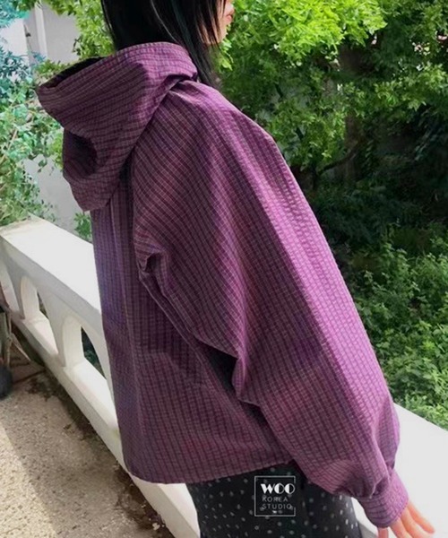 セール】ナイロンチェックフードブルゾン/トレンド 韓国(CZ)（ナイロン