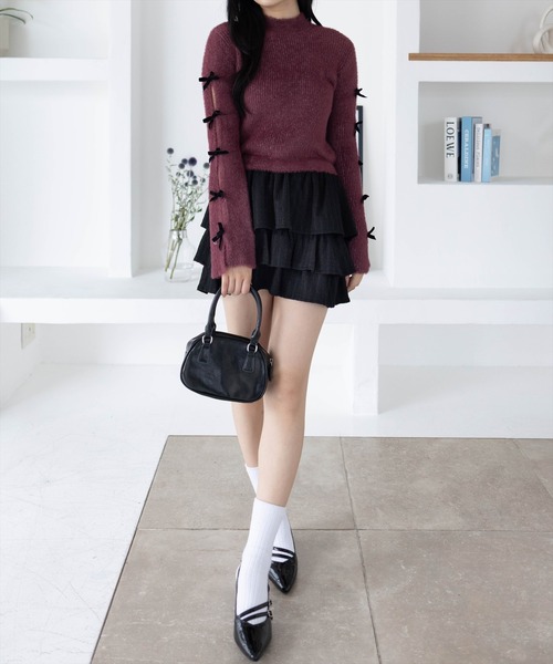 clear（クリア）の「袖リボン付きラメフェザーニットトップス[着回し力抜群 ガーリー]（ニット/セーター・レディース・グレー/パープル/ブラック/アイボリー・F）」の5枚目の写真