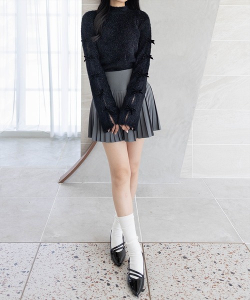 clear（クリア）の「袖リボン付きラメフェザーニットトップス[着回し力抜群 ガーリー]（ニット/セーター・レディース・グレー/パープル/ブラック/アイボリー・F）」の6枚目の写真