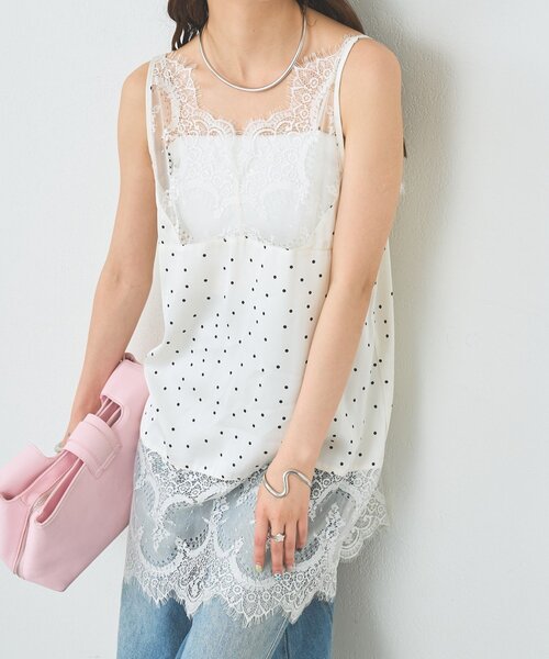 mystic（ミスティック）の「《新色ドット》レースサテンキャミソール（キャミソール・レディース・ライトグレー/オフホワイト/ブラック/グレー/ピンク/ホワイト・FREE）」の2枚目の写真