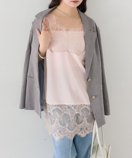 mystic(ミスティック)の「【新色ピンクが登場!】レースサテンキャミソール(キャミソール・レディース・ライトグレー/オフホワイト/ブラック/グレー/ピンク・FREE)」の5枚目の写真