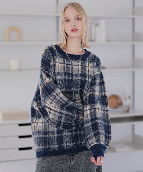 ROCHEM（ローシェン）の「バルーンスリーブメランジ/チェックニット（ニット/セーター・メンズ・グリーン/グレー/ブラック/グレー系/ネイビー系・XS/L/M/S）」の5枚目の写真