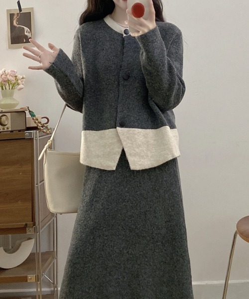 セール】配色ニットカーディガンセットアップ（セットアップ）｜emi+
