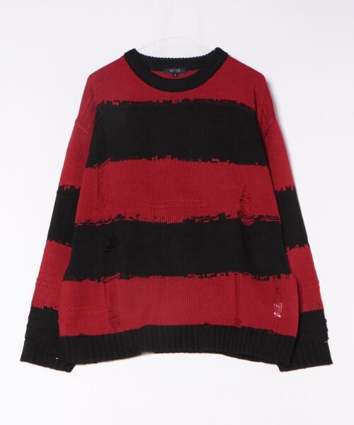 Revo.（レボ）の「オーバーサイズ ダメージ加工 ボーダーニット プルオーバー（ニット/セーター・メンズ・ブラック×グレー/ホワイト×ブラック/ブラック×レッド・M/L）」の8枚目の写真