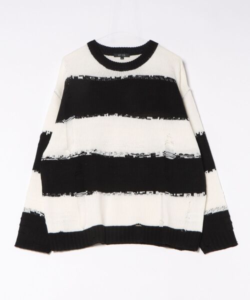 Revo.（レボ）の「オーバーサイズ ダメージ加工 ボーダーニット プルオーバー（ニット/セーター・メンズ・ブラック×グレー/ホワイト×ブラック/ブラック×レッド・M/L）」の6枚目の写真