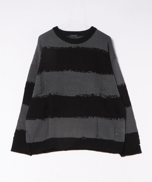 Revo.（レボ）の「オーバーサイズ ダメージ加工 ボーダーニット プルオーバー（ニット/セーター・メンズ・ブラック×グレー/ホワイト×ブラック/ブラック×レッド・M/L）」の7枚目の写真