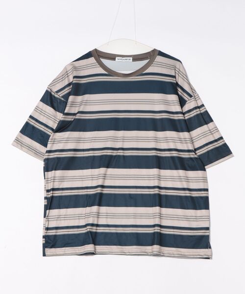 WARAIJOGO(ワライジョウゴ)の「オーバーサイズボーダー半袖Tシャツ(Tシャツ/カットソー・メンズ・グレー/カーキ・FREE)」の1枚目の写真