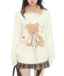【秋冬新作】もこもこテディベア刺繍ニットプルオーバー