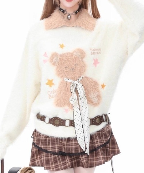 GEMEDA(ジェメダ)の「【秋冬新作】もこもこテディベア刺繍ニットプルオーバー(ニット/セーター・レディース・ブラック/オフホワイト・M)」の7枚目の写真