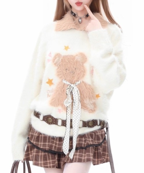 GEMEDA(ジェメダ)の「【秋冬新作】もこもこテディベア刺繍ニットプルオーバー(ニット/セーター・レディース・ブラック/オフホワイト・M)」の8枚目の写真