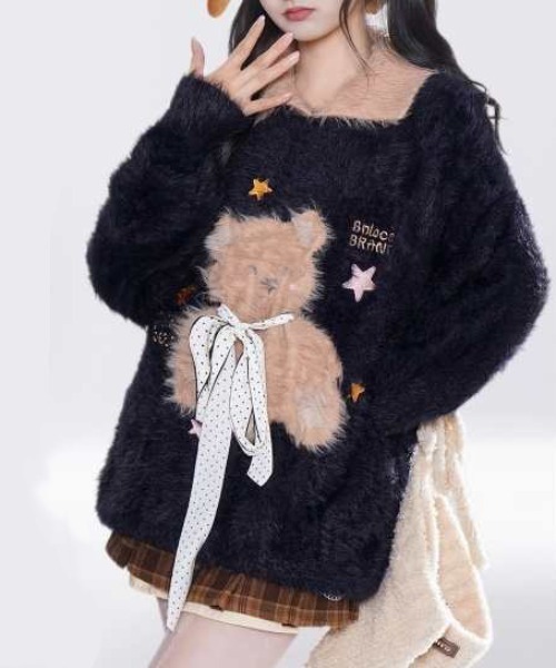 GEMEDA(ジェメダ)の「【秋冬新作】もこもこテディベア刺繍ニットプルオーバー(ニット/セーター・レディース・ブラック/オフホワイト・M)」の9枚目の写真