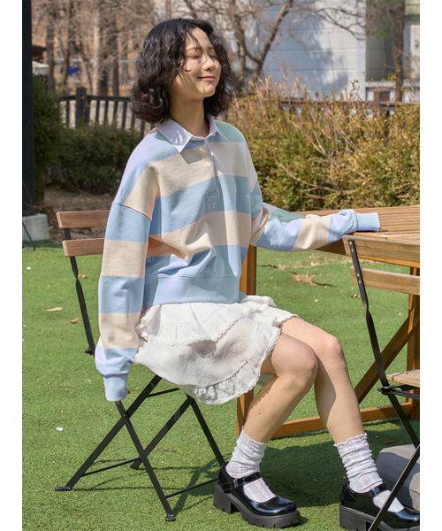 THE GREEN LAB（ザグリーンラボ）の「ストライプラグビー襟スウェット [クロップフィット, アイボリーブルー]（スウェット・レディース・その他・SMALL）」の3枚目の写真
