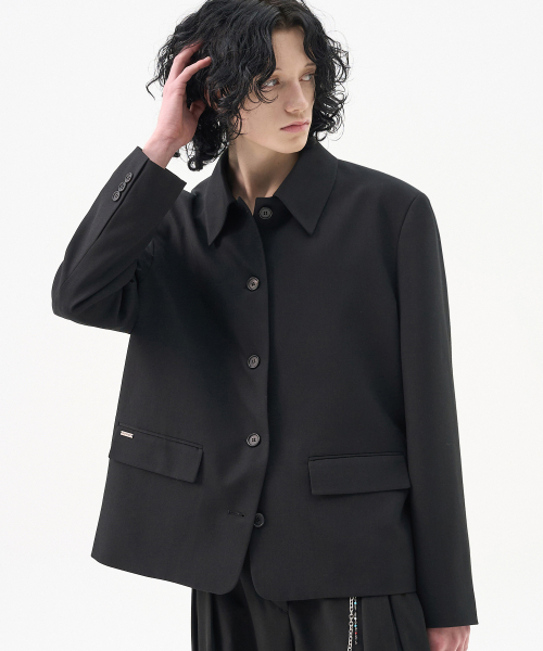 カスタムカラー隠しスナップクロップブレザー_ブラック