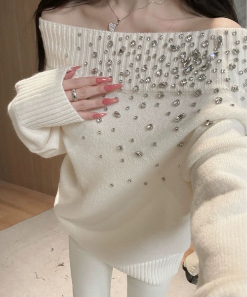 Sibra（シブラ）の「ビジューオフショルダーニットロングトップス（ニット/セーター・レディース・ホワイト/ライトブルー・M）」の14枚目の写真