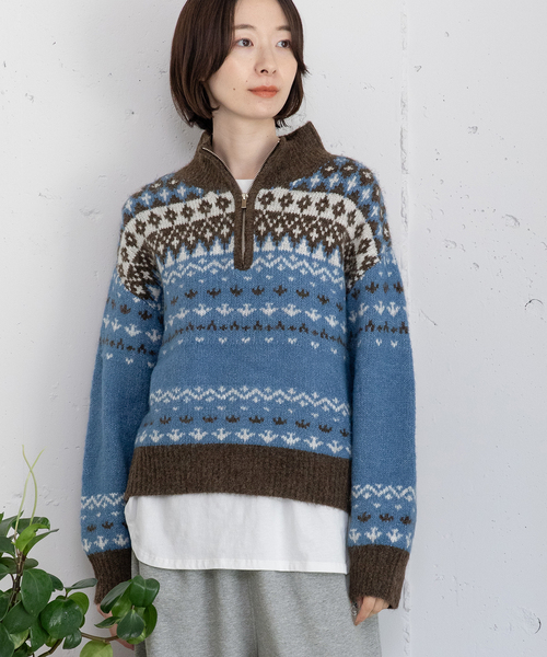 POU DOU DOU(プードゥドゥ)の「ハーフzipジャガードニット(ニット/セーター・レディース・ブルー/ダークグレー・M)」の1枚目の写真