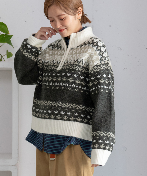 POU DOU DOU(プードゥドゥ)の「ハーフzipジャガードニット(ニット/セーター・レディース・ブルー/ダークグレー・M)」の2枚目の写真