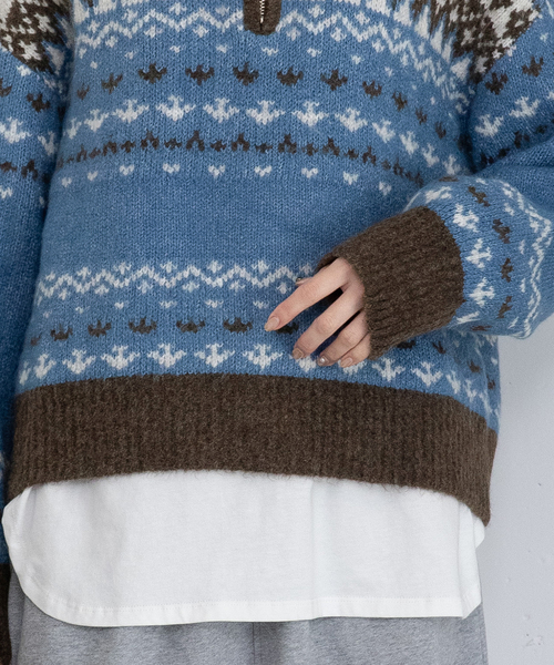 POU DOU DOU(プードゥドゥ)の「ハーフzipジャガードニット(ニット/セーター・レディース・ブルー/ダークグレー・M)」の9枚目の写真