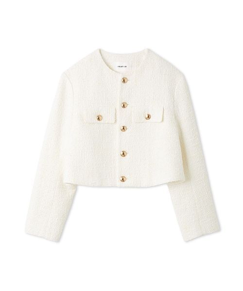 khakipoint ツイードジャケット ホワイト アイボリー クロップ丈 通勤・セレモニー対応》コットンツイードジャケット