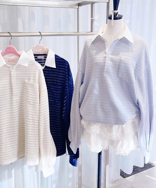 lilLilly（リルリリー）の「ラメボーダーラガーシャツミニワンピ（シャツワンピース・レディース・ブルー・FREE）」の3枚目の写真