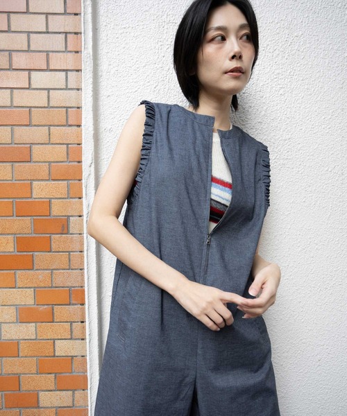 Munich(ミューニック)の「【UVカット】【接触冷感】【速乾性】ヘンプシャンブレーコンビネゾン(つなぎ/オールインワン・レディース・ブラック/モカ/ネイビー・S/M)」の15枚目の写真