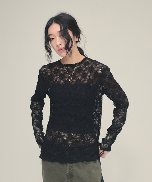 eL（エル）の「【eL】Mesh Lace Pullover/641305（Tシャツ/カットソー・レディース・ブラック/オフホワイト・FREE）」の2枚目の写真