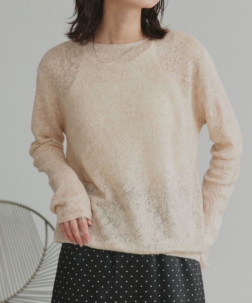 ad thie(アドティエ)の「透かし柄編み ラメニットトップス(ニット/セーター・レディース・ピンク/ベージュ/ライトブルー/ブラック・FREE)」の2枚目の写真