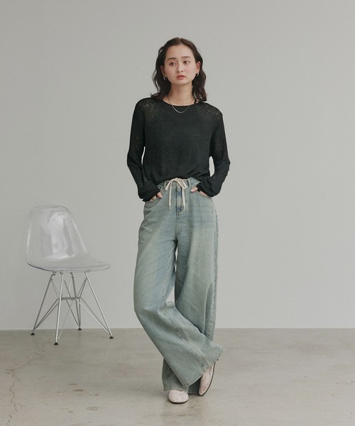 ad thie(アドティエ)の「透かし柄編み ラメニットトップス(ニット/セーター・レディース・ピンク/ベージュ/ライトブルー/ブラック・FREE)」の5枚目の写真