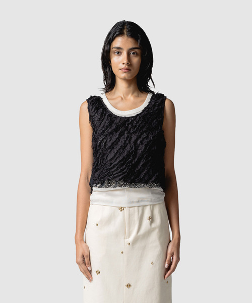 muller of yoshiokubo(ミュラーオブヨシオクボ)の「muller of yoshiokubo ミュラーオブヨシオクボ / RUFFLE CHIFFON LAYER TOP マルチウェイラッフルシフォンレイヤートップス / MLS26205(その他トップス・レディース・ブラック/アイボリー/ブルー・FREE)」の1枚目の写真