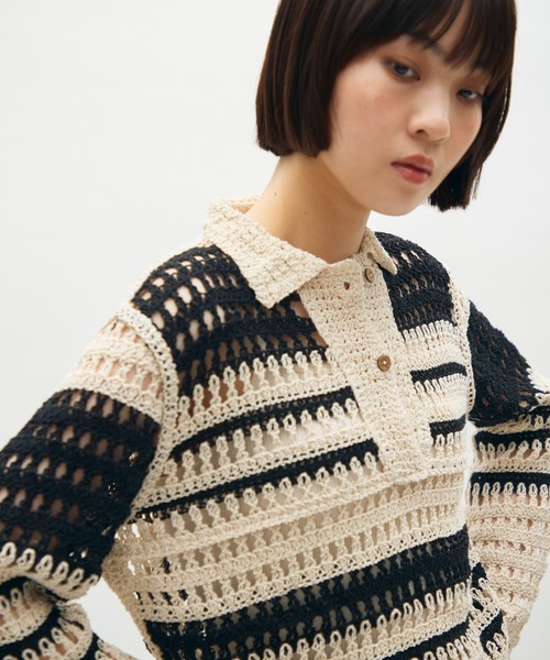 full/fill.(フルフィル)の「crochet lace polo tops/クロシェレースポロトップス(ポロシャツ・レディース・ブラック/ナチュラル・FREE)」の1枚目の写真