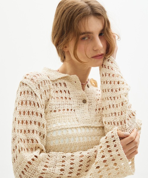 full/fill.(フルフィル)の「crochet lace polo tops/クロシェレースポロトップス(ポロシャツ・レディース・ブラック/ナチュラル・FREE)」の10枚目の写真