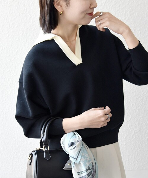 SHIPS any:〈手洗い可能〉バイカラー スキッパー ニット プルオーバー