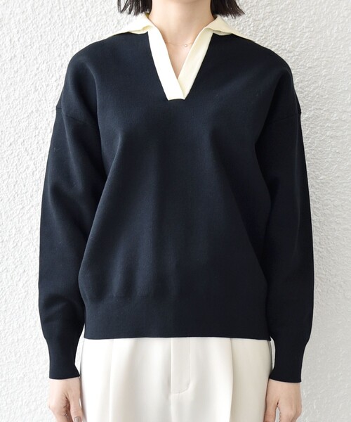 SHIPS any(シップス エニィ)の「SHIPS any:〈手洗い可能〉バイカラー スキッパー ニット プルオーバー(ニット/セーター・レディース・その他/オフホワイト/ネイビー・ONE SIZE)」の5枚目の写真