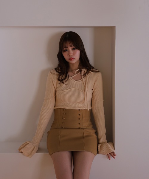 M DOLLY(エムドリー)の「*M DOLLY original* ribbon flare fata knit tops/リボンフレアファータニットトップス(ニット/セーター・レディース・ライトブルー/モカ/アイボリー/ブラック・FREE)」の2枚目の写真
