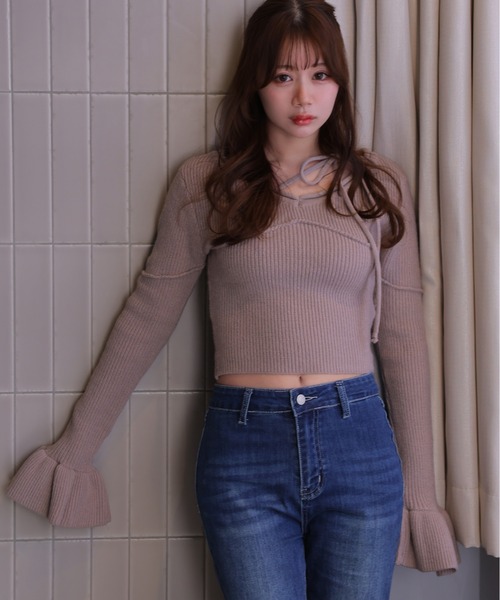 M DOLLY(エムドリー)の「*M DOLLY original* ribbon flare fata knit tops/リボンフレアファータニットトップス(ニット/セーター・レディース・ライトブルー/モカ/アイボリー/ブラック・FREE)」の4枚目の写真