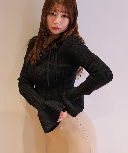 M DOLLY(エムドリー)の「*M DOLLY original* ribbon flare fata knit tops/リボンフレアファータニットトップス(ニット/セーター・レディース・ライトブルー/モカ/アイボリー/ブラック・FREE)」の15枚目の写真