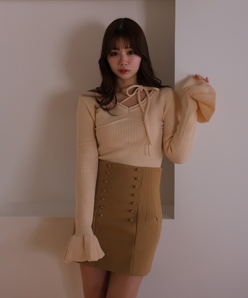 M DOLLY(エムドリー)の「*M DOLLY original* ribbon flare fata knit tops/リボンフレアファータニットトップス(ニット/セーター・レディース・ライトブルー/モカ/アイボリー/ブラック・FREE)」の7枚目の写真