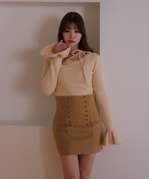 M DOLLY(エムドリー)の「*M DOLLY original* ribbon flare fata knit tops/リボンフレアファータニットトップス(ニット/セーター・レディース・ライトブルー/モカ/アイボリー/ブラック・FREE)」の9枚目の写真