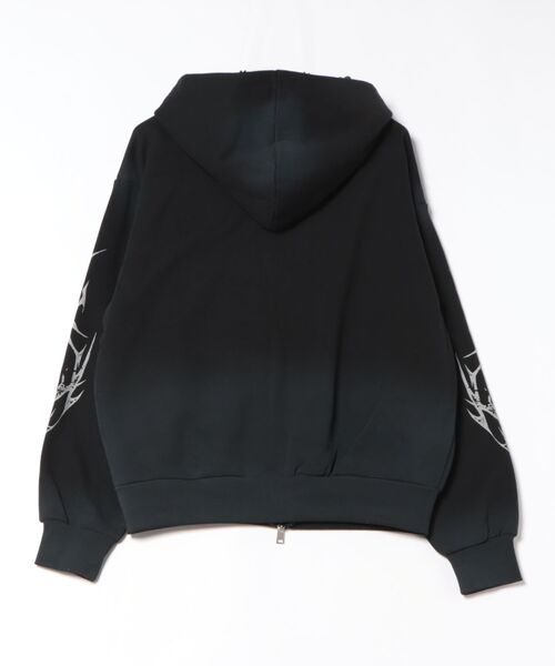 BENDER TOKYO(ベンダートウキョウ)の「Y2Kグランジ スプレー加工 ダブルジップ ショート丈 ジップパーカー 裏毛 スウェット フーディー ロゴ トライバル 袖プリント【UNISEX】(パーカー・メンズ・グレー/ピンク/ブラック・M/L)」の4枚目の写真